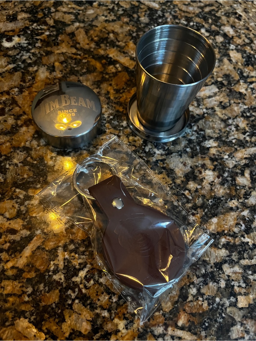 Jim beam Stainless Steel Collapsible Cup with Brown Leather Key Holder